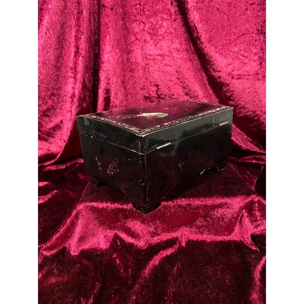 Vintage Black Lacquer Jewelry Box - Mother of Pearl Painted Peacock Vanity Chest